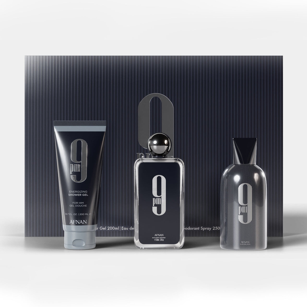 Afnan 9pm 3 pcs set for men: 3.4 eau de parfum spray + 5 oz deodorant spray + 5 oz shower gel